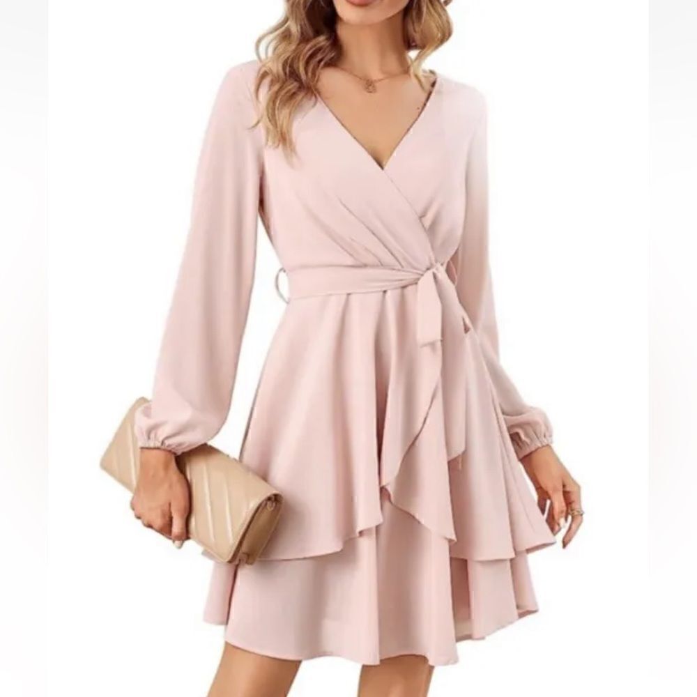 ALTAR’D State Wrap Dress Long Sleeve V-Neck Ruffled in Light Pink Women's Size S